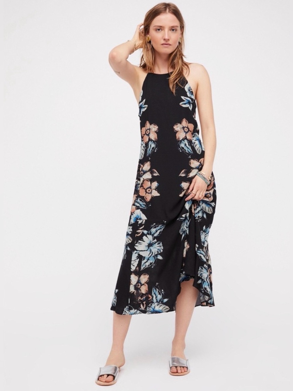 Free People Back To You Side Cut-Out Halter Midi Floral Dress Black Size Medium